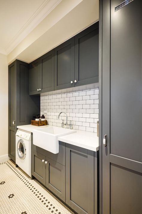 Love these dark painted gray laundry cabinets. Charcoal or dark gray #paintedcabinets #laundryroom Dark Gray Laundry Room Cabinets, Laundry Inspiration, Laundry Room Paint, Traditional Laundry Room, Grey Laundry Rooms, Laundry Nook, Laundry Ideas, Basement Laundry, Laundry Cabinets