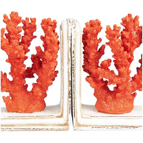 "Buy these 7\" Orange Coral Reef Bookends, 2ct. at Michaels. com. Inspired by blissful serenity and the allure of the sea where soothing hues and natural textures bring effortless charm to the home. Bookends are constructed from solid metal for stability and durable structure. Features a distressed orange red finish. Inspired by blissful serenity and the allure of the sea where soothing hues and natural textures bring effortless charm to the home. Bookends are constructed from solid metal for st Book Display Stand, Coral Sculpture, Coral Decor, Decorative Bookends, Rustic Traditional, Coastal Colors, Cream Base, Coastal Farmhouse, Bookshelf Decor