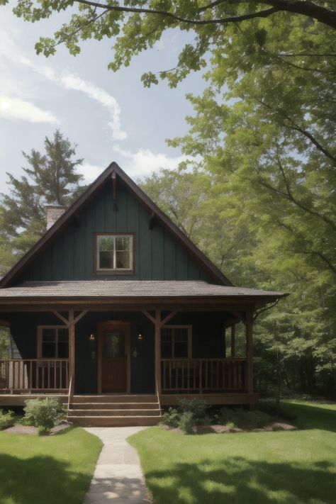 Experience rustic charm & modern elegance in this stunning cabin. Its unique design, large windows, and warm glow create a timeless beauty. Perfect curb appeal, Zillow-worthy. #ModernCabin #RusticElegance Unique Cabin, Square Form, Stone Pathway, Modern Cabin, Cabin Design, Colonial House, Cozy Interior, Green Foliage, Vibrant Green