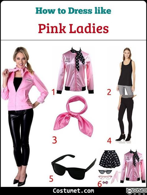 Pink Ladies costume is wearing matching pink jackets and black skinny pants. Accessorize the costume with a pink neckerchief and sun glasses. #Grease #movies #female #group #Grease #50s Pink Neon Outfits, Pink Ladies Grease Costume, Grease Outfits 1950s, Grease Pink Ladies Costume, Grease Costumes Diy, 50s Dress Up, 50s Halloween Costumes, Pink Ladies Costume, Pink Ladies Halloween