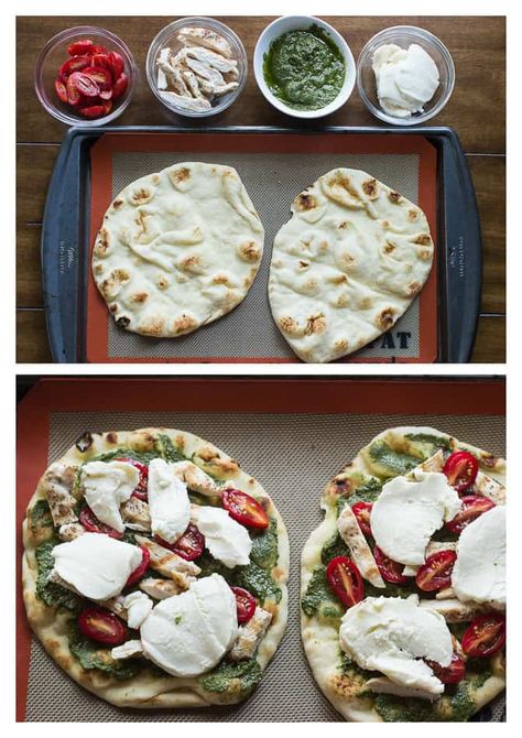 Naan Pepperoni Pizza, Chicken Pesto Flatbread, Pesto Flatbread Pizza, Pesto Flatbread, Flatbread Pizzas, Fresh Pizza, Naan Pizza, Chicken Pesto, Registered Dietitian Nutritionist