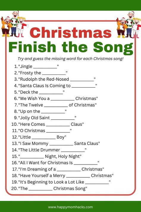 Best Free Printable Christmas Games for Parties | Happy Mom Hacks Games For Christmas Party Families Fun Free, Holiday Printable Games, Christmas Mystery Game For Kids, Christmas Party Games Printables Free, Ideas For Family Christmas Party, Christmas Games Paper Free Printable, Christmas Carol Games Free Printable, Christmas Work Party Ideas Activities, Christmas Heads Up Game Printable