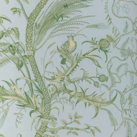 Bird And Thistle Ii - Sky | Kravet Bird And Thistle Wallpaper, Bird And Thistle, Blue Backdrops, Tropical Blue, Fabric Houses, Guest Bed, Print Wallpaper, Drapery Fabric, Bird Prints