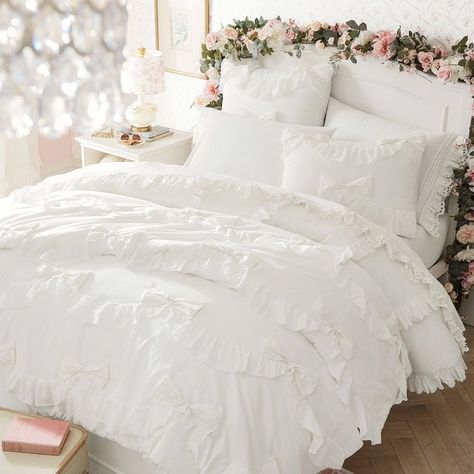 Pbteen Love Shack Fancy, Love Shack Fancy Comforter, Pink Ruffle Bedding, Love Shack Fancy Pottery Barn, Loveshackfancy Bedding, Aesthetic Bed Comforter, Love Shack Fancy Bedding, Love Shack Fancy Dorm, Bow Comforter