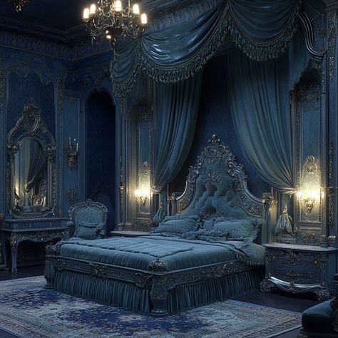 Blue Victorian Bedroom, Goth Maximalism, Bedroom Goth, Farmhouse Canopy Beds, Modern Victorian Bedroom, Royal Room, Build Inspiration, Sims 4 Bedroom, Victorian Bedroom