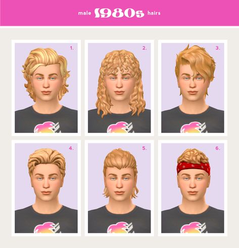 MALE CC HAIRS - 1980s With both the 50s revival and the explosion in popularity of hair metal bands, the 80s were probably the most bombastic decade when it came to men's hair. I had so much fun... 80’s Hair, 80's Hairstyle, Ts4 Hair, Sims 4 Hair Male, 1980s Hair, Sims 4 Decades Challenge, Ts4 Mods, Hair Metal Bands, 50s Hairstyles