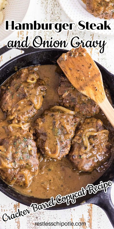 Copycat Cracker Barrel hamburger steaks and onion gravy recipe is hearty comfort food that's easy to make - even on a busy weeknight! Seasoned hamburger steaks are seared in a skillet on top of the stove then simmered in a rich onion gravy until they are tender and juicy! Onion Gravy Recipe, Hamburger Steak Recipes, Hamburger Steak And Gravy, Copycat Cracker Barrel, Hamburger Steaks, Steak And Onions, Salisbury Steak Recipes, Hearty Comfort Food, Hamburger Steak