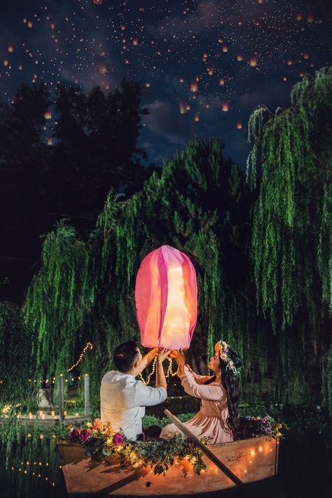 All the Dreamy Feels for this TANGLED Inspired Engagement Shoot Disney Themed Engagement Photos, Tangled Proposal Ideas, Themed Engagement Photos, Disney Princess Theme, Dream Proposal, Photo Session Ideas, 2025 Wedding, Princess Theme, Photoshoot Themes