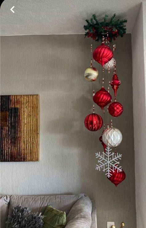 Christmas Hanging Ceiling Decorations, Hanging Diy Christmas Decorations, Above Fridge Christmas Decor, Christmas Decor For Ceiling, Long Hallway Christmas Decor Ideas, Glam Christmas Decor Ideas Diy, Christmas Decor Ideas House, Christmas Decor Wall Ideas, Magical Christmas Decor