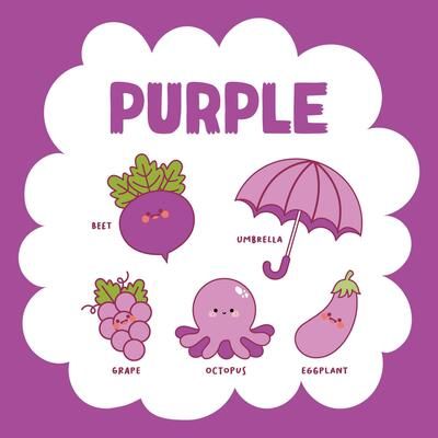 Collection of flashcards for learning colors for children. 27176983 Vector Art at Vecteezy Purple Objects For Kids, Purple Objects, Worksheet For Preschool, Shape Activities, Object Illustration, Shape Activities Preschool, Back To School Sign, Wax Crayons, Shapes Activities