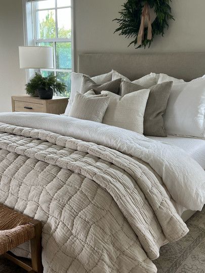 Women’s Bedding Ideas, Beige Bed Quilt, Cream And Grey Bedding Ideas, Fluffy Layered Bedding, Quilt With Duvet At End Of Bed, Gray Quilt Bedding Ideas, Grey And Beige Bedding, Quilt And Comforter On Bed Layered, Comfy Bedding Ideas