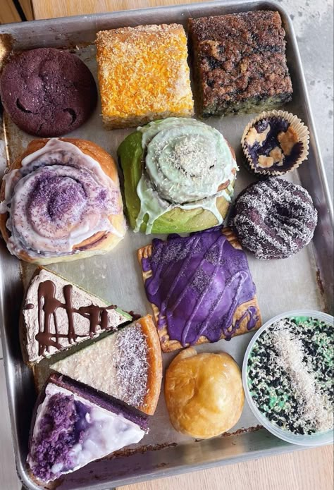 Filipino vegan bake shop - ube pastries Filipino Pastries, Ube Pastry, Filipino Bakery, Ube Coffee, Ube Desserts, Filipino Cafe, Ube Dessert Aesthetic, Ube Cookies Filipino Desserts, Ube Desserts Filipino Food