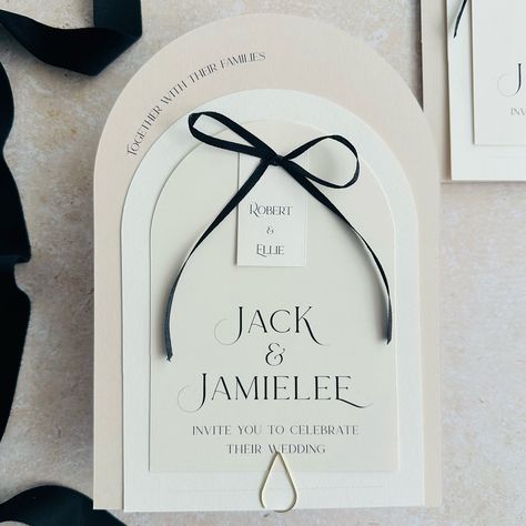 In love with these modern on trend wedding invitations I made recently for Jamielee & Jack. Make a lasting impression on your guests from the moment they open the envelope. Designed for modern couples who appreciate style and elegance. #blacktiewedding #blacktie #WeddingInvitations #ModernCouples #weddingbow #minimalistwedding #WeddingTrends2024 #Elegantinvites #weddinginspiration #bride #savethedate #londonbride #northeastbride #northumberlandwedding #rockmywedding #wedvibes #lovedupnorth Arch Invitation, Wedding Stationary Design, Graphic Business, Bow Invitation, Modern Wedding Invitation Suite, Theme Board, London Bride, 2025 Wedding, Christmas Inspo