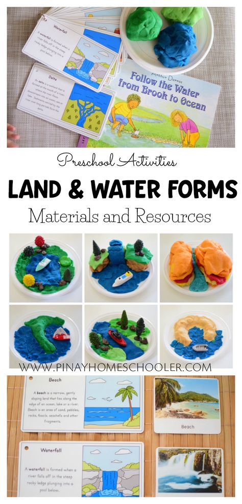 Materials and resources for land and water forms Playdough Landforms, Landforms Project For Kids, Land Forms Projects Ideas, Landform Projects For Kids, Land And Water Forms Montessori, Geography Elementary, Water Crafts For Kids, Geography Preschool, Landforms Project