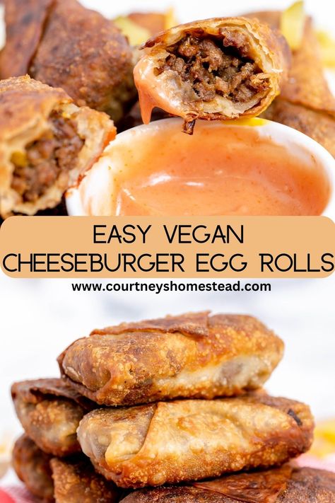 These easy vegan cheeseburger egg rolls recipe is the perfect vegan game day recipe or vegan game day snack. These taste incredible! Plant Based Egg Rolls, Vegan Egg Rolls Recipes, Vegan Crescent Roll Recipes, Vegan Game Day Recipes, Vegan Sliders Hawaiian Rolls, Vegan Fast Food Recipes, Vegan Copycat Recipes, Cheeseburger Egg Rolls Recipe, Vegan Rolls