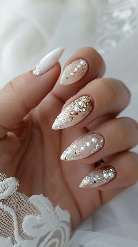 Dramatic Artwork, Bridal Nail Designs, Elegant Bridal Nails, Bridal Manicure, Oval Shaped Nails, Bridal Nails Designs, Festive Nail Designs, Bridal Nail, Nail Looks