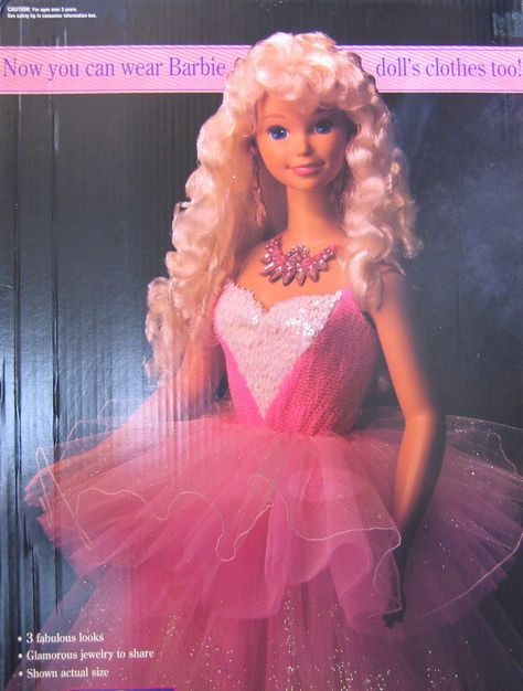 PRICES MAY VARY. MY SIZE Barbie Doll with 3 Fabulous Looks! is a 1992 Mattel production, made in Mexico; Costume & Jewelry made in China. Contents: Barbie Doll approx. 3 Feet tall, a Stretch Body Suit, a Skirt, a Tutu, a pair of Stretch Ballet Slippers, a Necklace/Tiara (Necklace becomes a sparkly Tiara), a pair of Earrings, Lip Gloss (Pretty Surprise Lickety Slicks Lip Gloss NET .25 Fl. Oz. (may NOT be usable d/t age), Nail Polish (Pretty Surprise Scented Nail Polish NET .5 Fl. Oz. (may NOT be Early 2000s Barbie, Toys From The 90s, Collector Barbies, My Size Barbie, Adjustable Clothing, Barbie Rapunzel, Totally Hair Barbie, 1980s Barbie, Weird Toys