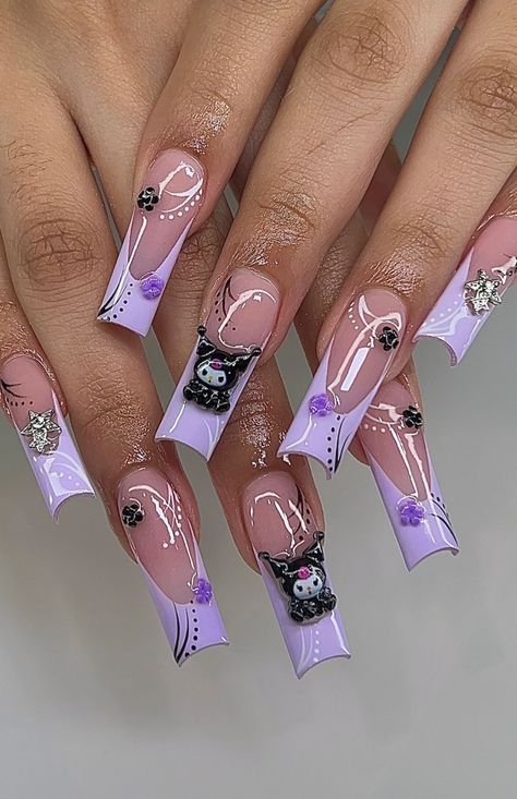 Kuromi Nails Acrylic, Purple Bling Nails, Pink Kuromi, Kuromi Nails, Mobile Nail Technician, Mobile Nails, Anime Nails, French Nail Designs, Hello Kitty Nails