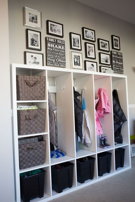 Organizing a small office to include a mudroom by using an Ikea hack. Affordable tv stand turned into a kid's locker.: Locker Hacks, Ikea Closet Hack, Ikea Tv Stand, Kids Locker, Diy Locker, Ikea Tv, Mudroom Lockers, Ikea Closet, Ikea Hack Ideas