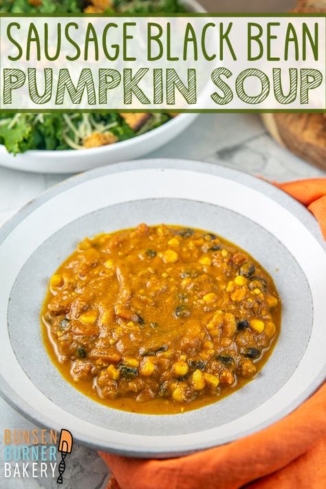 Black Bean And Pumpkin Soup, Sausage And Black Beans, Pumpkin Sausage Soup, Pumpkin Sausage, Soup With Sausage, Summer Vegetarian Recipes, Pumpkin Food, Bunsen Burner, Beans Curry