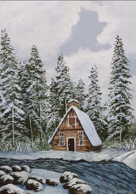 Winter Cabin Watercolor, Cabin Painting, Stag Art, Cozy Winter Cabin, Christmas Windows, Winter Cabin, A Frame House, House Painting, Landscape Art