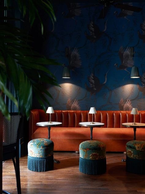 Sara Ruffin Costello fashions quirky interiors for The Chloe hotel Orange Leather Sofas, Tiny Lamp, Plush Furniture, New Orleans Hotels, Decoration Restaurant, Red Carpet Runner, Printed Carpet, Hotel Interiors, Hotel Interior