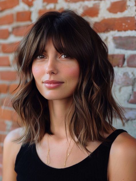 Trendy Shoulder Length Haircuts with Curtain Bangs for 2024 Curtain Bangs Jennifer Lopez, Shoulder Length With Fringe Bangs, Shoulder Length Haircut With Fringe, Long Bangs Bob Shoulder Length, Long Bob Haircuts Curtain Bangs, Shoulder Length Layered Hair With Fringe, Medium Length Hair With Curtain Fringe, Medium Hair Fringe Bangs, Bangs For Frizzy Wavy Hair