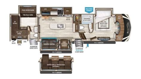 5 Unique RV Floor Plans Every RVer Should See | Lazydays RV Bunkhouse Camper, Half Kitchen, Four Door Refrigerator, Brainerd Mn, Trailer Floor Plans, Bunkhouse Travel Trailer, Camper Flooring, Travel Trailer Floor Plans, Refrigerator Kitchen