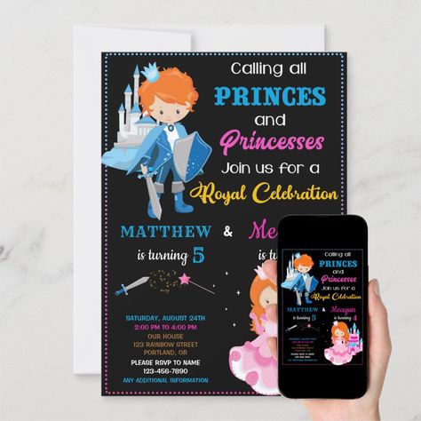 Calling all princes and princesses! This two theme Prince and Princess birthday invitation for two kids is for shared joint royal birthday party! It features cute little prince in blue dress with sword and beautiful little pink dressed princess with castle. This invitation will work perfectly for any age! Easily customize texts on this invitation template to make it special. Prince Birthday Invitations, Royal Birthday Party, Princess And Prince, Royal Invitation, Prince Birthday Party, Princess Theme Birthday, Prince Birthday, Princess Birthday Invitations, Twin Birthday