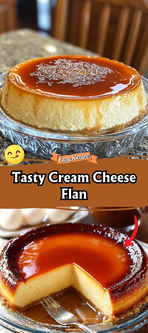 Delight in the silky smoothness of Cream Cheese Flan. Combining the rich flavors of cheesecake and traditional flan, this creamy dessert is topped with a golden caramel sauce for an indulgent finish. #CreamCheeseFlan #DecadentDesserts #CustardLovers Pumpkin Cream Cheese Flan Recipe, Flavored Flan Recipe, Flan Cream Cheese Recipe, Cream Cheese And Sweet Condensed Milk, Condensed Milk And Cream Cheese Recipes, Easy Custard Desserts, Traditional Cheesecake Recipes, Flan De Queso Puerto Rico Recipes, Cheesecake Flan Recipe