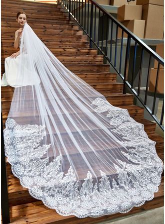 One-tier Lace Applique Edge Cathedral Bridal Veils With Lace (006286247) - JJ's House Cheap Wedding Veil, Vintage Italian Wedding, Lace Edge Veil, Cathedral Bridal Veils, Long Veil Wedding, Blusher Veil, Long Veil, Cathedral Veil, Italian Wedding