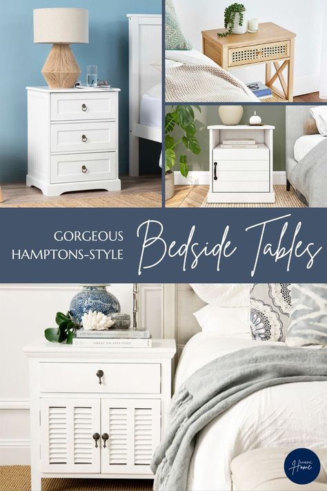 Compilation of Hamptons-style bedside tables available in Australia. Hampton Bedside Tables, Hampton Bed, Hamptons Bedroom, Style Bedside Table, Hamptons Homes, Bedside Table Decor, Hampton Style, Hamptons Style, Bedside Tables