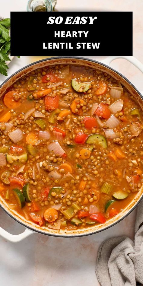 This full of flavour Lentil and Vegetable Stew is hearty and nutritious and a recipe that you will frequently turn to. With protein-rich dried brown lentils, traditional Italian herbs, and a generous quantity of mixed vegetables, it is a deeply satisfying meal made in one pot. With the warm and sunny flavours of the Mediterranean, this is a complete meal that needs nothing more than some crusty bread to accompany it. Trader Joes Cooked Lentil Recipes, Lentil Tomato Recipes, Lentil Recipes Mediterranean, Italian Vegetable Stew, Lentil And Rice Recipes, Brown Lentil Recipes, Vegetarian Stew Recipes, Italian Lentils, Clean Soups