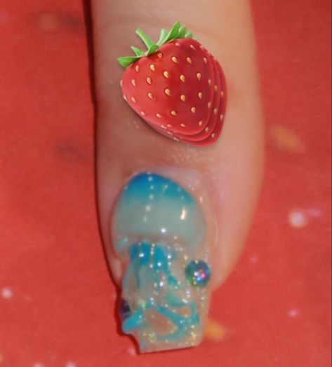 Jellyfish Y2k, Jellyfish Nails Design, Nails With Jellyfish, Hair Inspo Jellyfish, Jellyfish Nails, Summer Nails Jellyfish, Red Nails, Natural Nails, Nail Inspo