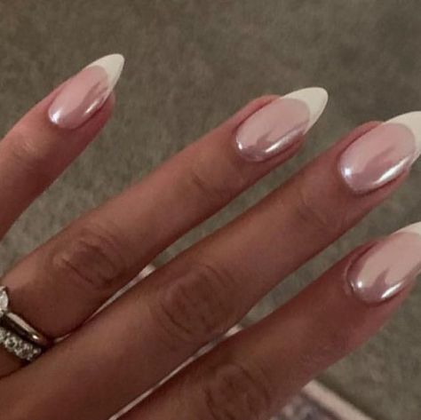 Nails on Instagram: "Chrome over classic French 🤍" Simple Chrome French Tip Nails, French Nail Crome, French Tip Crom Nails, White French Crome Nails, Chrome French Dip Nails, Fresh Chrome Nails, French W Chrome, Nail Inspo Chrome French, Almond Nails French Tip Chrome