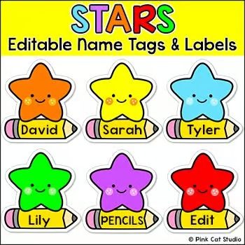 Stars Theme Editable Name Tags and Labels by Pink Cat Studio | TPT Classroom Door Names, Name Tags Ideas For School Student, Classroom Name Board, Name Tags Ideas, Locker Name Tags, Door Name Tags, Stars Name, Editable Name Tags, Classroom Name Tags