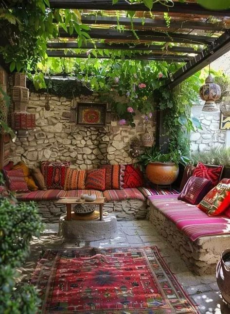 Moroccan Outdoor Decor, Balcony Remodel, Walkout Basement Patio, Bohemian Style House, Basement Patio, Boho Outdoor Space, Bohemian Patio, Building A Patio, Woodland House