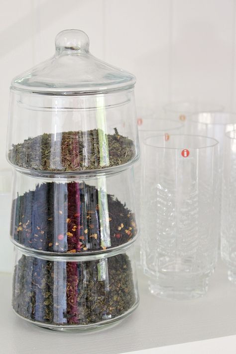 Clever Idea for Storing Loose Leaf Tea: Vintage Stacked Glass Container Tea Leaves Storage, Loose Leaf Tea Display, Loose Leaf Tea Storage Organizing, Herbal Tea Storage, Loose Tea Storage Ideas, Loose Leaf Tea Station, Storing Tea Bags Ideas, Loose Leaf Tea Organization, Tea Storage Ideas Loose Leaf