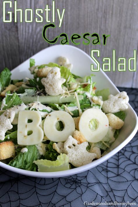 Ghostly Caesar Salad - Garden Seeds and Honey Bees Dinner Party Food, Salad Garden, Halloween Food Dinner, Halloween Dishes, Dinner Choices, Spooky Food, Halloween Food Treats, Halloween Appetizers, Dinner Party Recipes