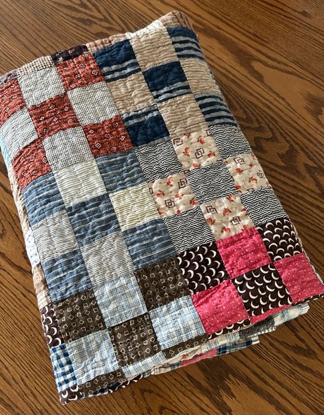 Finish It Up Friday ~ 9 Patch Antique Patchwork Quilt, Scrappy Nine Patch Quilts, Nine Patch Quilts Ideas, 9 Patch Quilt Block, Scrap Patchwork Quilts, Flannel Shirt Quilt, Antique Quilt Patterns, Square Patchwork Quilt, 9 Patch Quilt Ideas