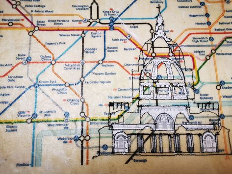 St Paul's Cathedral with Tube Map Sketch Illustration Outline -Textiles Art London Metro Map London Underground Colourful Tube Black and White Collage Machine Sewing Print Transfer Architecture Mind Map Art, London Underground Art, Places And Spaces Gcse Textiles, London Tube Map Art, Maps Textiles, Journey Textiles, Tube Map Art, London Underground Map Art, Places And Spaces Gcse Art