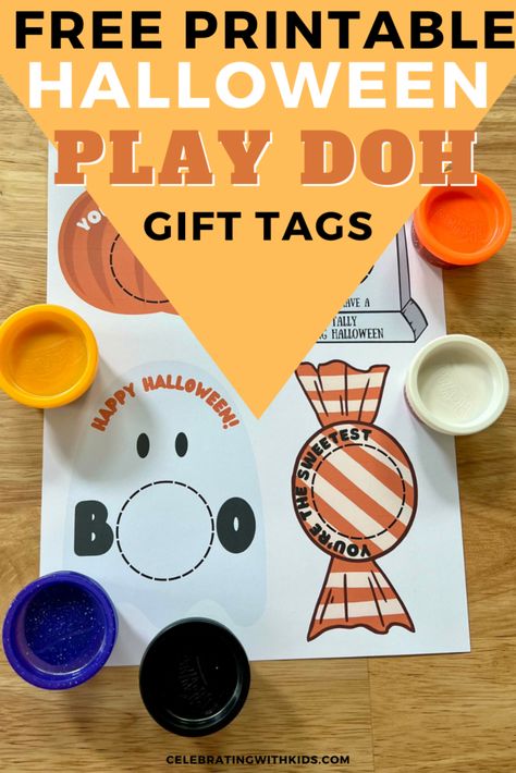 Create fun and festive Halloween gifts with our free printable Play Doh gift tags, perfect for class parties or neighborhood treats. Easily pair these tags with mini play-dough containers for a creative and thoughtful Halloween surprise! Halloween Gift For Preschoolers, Halloween Play Doh Printable, Play Dough Halloween Favors, Play Dough Gift Tags Free Printable, Play Doh Gift, Gift Tags Free Printable, Halloween Classroom Treats, Play Dough Gift, Printable Halloween Tags