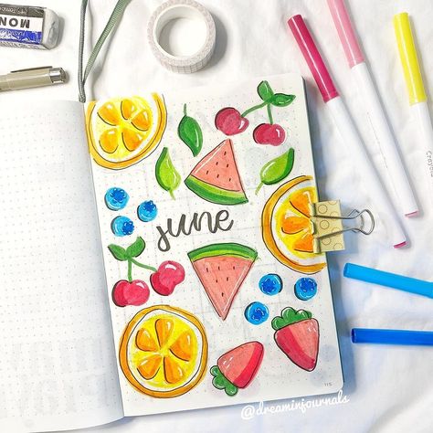 anna :) | my june cover page: fruit! 🍉🍊🫐🍓🍒🍃 happy pride month! i went for a simpler theme this month, and i don’t love it that much but it is rly… | Instagram June Scrapbook Ideas, June Cover Page, 2025 Bujo, December Bullet Journal, Summer Journal, Start Journaling, Bullet Journal Ideas Templates, Journal Inspiration Writing, Diy Quotes