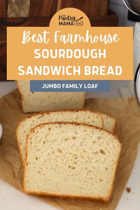 Easy sourdough farmhouse white sandwich loaf - a jumbo sized loaf with a soft, squishy crumb and loads of flavor your family will love! Sandwich Loaf Sourdough, Sourdough White Sandwich Bread, Pantry Mama Sourdough Sandwich Loaf, Pantry Mama, Sourdough Sandwich Bread, Sourdough Breads, Rye Sourdough, Sourdough Bread Sandwiches, Dough Starter