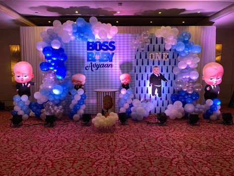 Boss Baby Birthday Theme Decorations | Boss Baby Themed Birthday Party – jolevents Boss Baby Theme Party Decorations, Birthday Stage Decoration Ideas, Boss Baby Birthday Theme, Boss Baby Backdrop, Baby Birthday Theme, Boss Baby Theme, First Birthday Decorations Boy, Baby Boy Birthday Themes