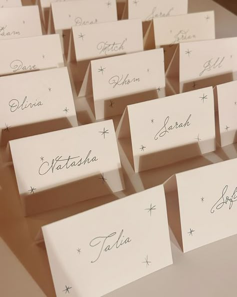 Paper Place Cards Wedding, Brunch Place Cards, French Inspired Wedding Reception, Celestial Place Cards, Dinner Party Placecards, Cute Event Ideas, Place Cards Dinner Party, Christmas Wedding Name Cards, Handmade Place Cards