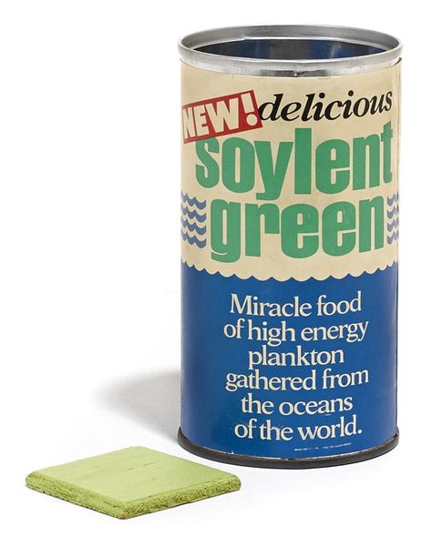 Soylent Green can and cracker that sold at aution in November 2013 for $2250. The cracker is a small piece of balsa wood painted lime green. Soylent Green, High Energy Foods, Solar Water Heating System, Solar Water Heating, Energy Foods, Oceans Of The World, Energy Consumption, Low Energy, Good Energy