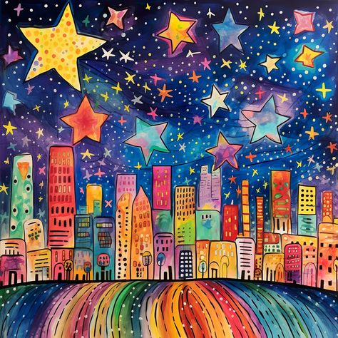 Add a touch of magic and wonder to any room in your home with this whimsical and colorful painting. This artwork is designed to captivate your imagination and inspire a sense of wonder. Its bright and vibrant colors will infuse any space with a burst of energy, making it an ideal addition not only to children's rooms but also to living rooms and other areas of your home. Whimsical Canvas Painting Ideas, Bright Acrylic Painting Ideas, Whimsical Paintings On Canvas, Colorful City Painting, Magic Painting Ideas, Color Theory For Kids, Whimsical Art Paintings Imagination, Children Art Activities, Magical Painting Ideas