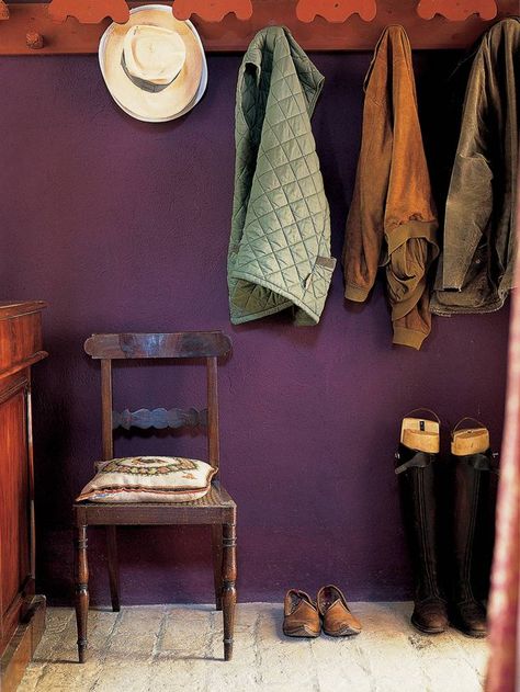 deep purple on domino.com Entryway Organization Ideas, Entry Hall Furniture, Draw Dividers, Coloured Walls, Small Mudroom Ideas, Home Wall Colour, Storage Bench Seating, Basket Tags, Mudroom Ideas