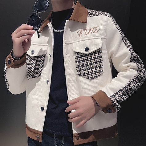 Vintage Geometric Pattern Patchwork Stitching Mens Fall Lapel Motorcycle Bomber Cotton Korean Slim British Jacket  -  GeraldBlack.com Vintage Jacket Men, Business Jacket, Party Jackets, Casual Outwear, Trench Coat Men, Streetwear Men, Cargo Jacket, Japanese Streetwear, Mens Fall